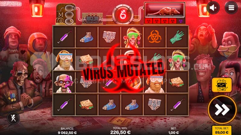 A sign in red saying Virus Mutated is presented during the bonus game.